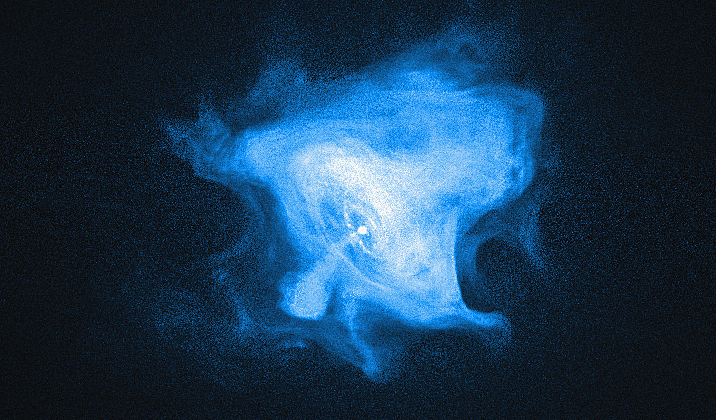 An X-ray image of the Crab Nebula and pulsar. Gamma rays are created when relativistic synchrotron radiation from the pulsar strikes material in the nebula. Image by the Chandra X-ray Observatory, NASA/CXC/SAO/F. Seward.