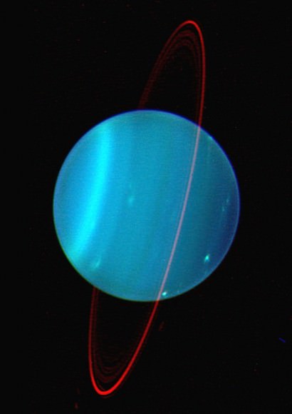 Near-infrared views of Uranus reveal its otherwise faint ring system, highlighting the extent to which it is tilted. Credit: Lawrence Sromovsky, (Univ. Wisconsin-Madison), Keck Observatory.