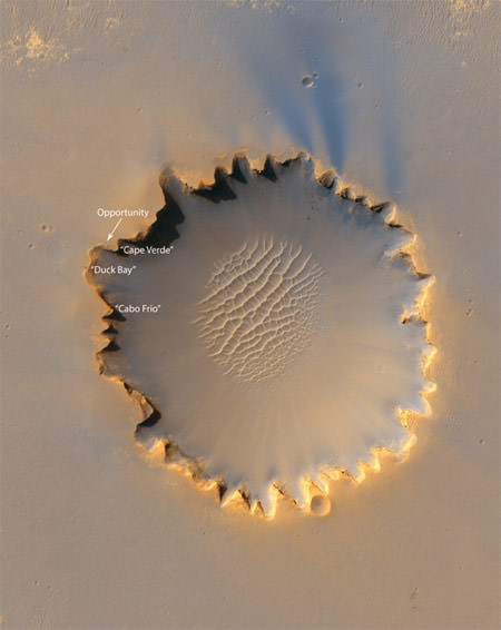 Victoria Crater on Mars might be the most often viewed crater image ever. The Mars Reconnaissance Orbiter captured this image of the photogenic crater when NASA's Opportunity rover was exploring the crater rim. Credit: NASA/JPL