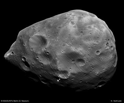 The ESA's Mars Express Orbiter captures this image of the Martian moon Phobos. The authors of a new study suggest Phobos could be a base of operations for mining in the asteroid belt. Credits: ESA/DLR/FU Berlin (G. Neukum)