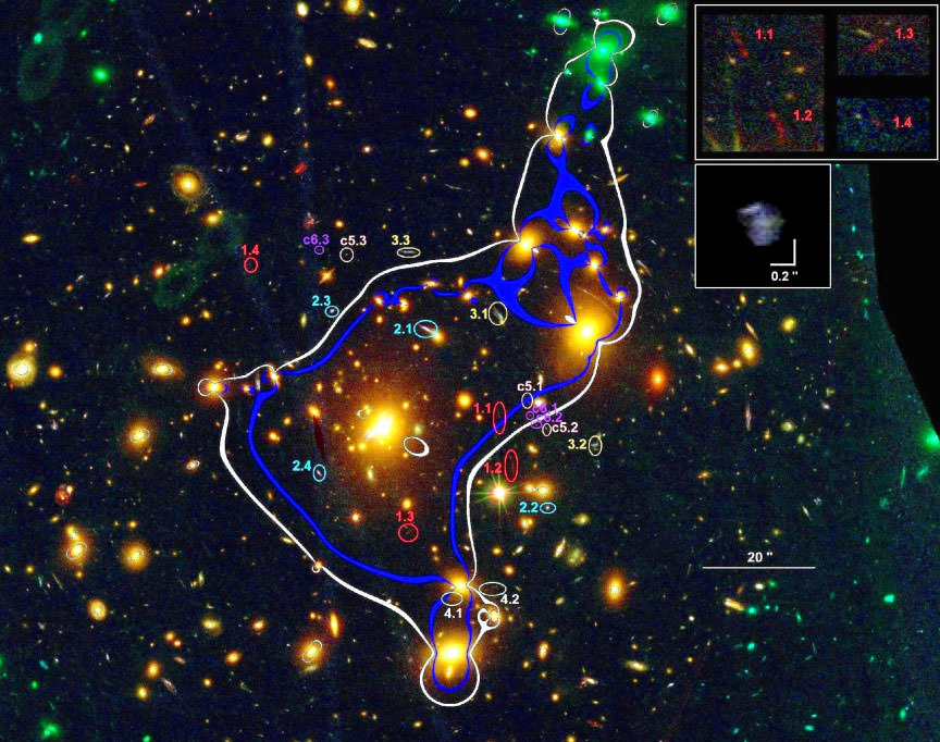 Galaxy Cluster MACS J0329.6-0211 lenses several background galaxies including a distant dwarf galaxy. CREDIT: A. Zitrin, et al.