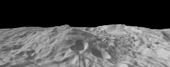 Image of asteroid Vesta calculated from a shape model, showing a tilted view of the topography of the south polar region. This perspective shows the topography, but removes the overall curvature of Vesta, as if the giant asteroid were flat and not rounded. Credit: NASA