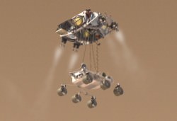 An artist's concept of Curiosity landing with the skycrane system. Credit: NASA/JPL