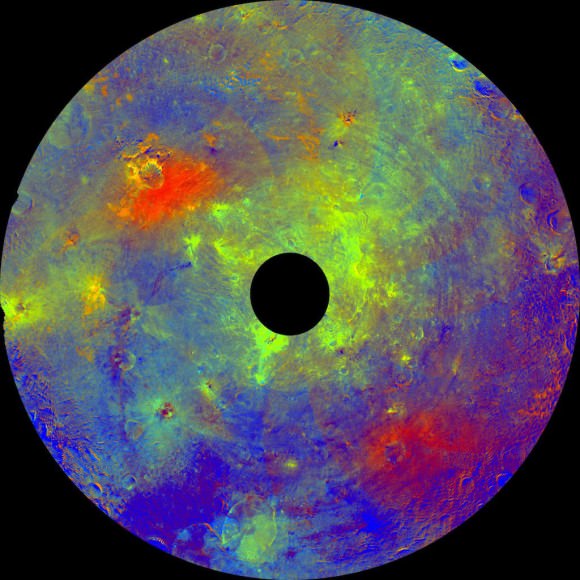 'Rainbow-Colored Palette' of Southern Hemisphere of Asteroid Vesta from NASA Dawn Orbiter. This mosaic using color data obtained by the framing camera aboard NASA's Dawn spacecraft shows Vesta's southern hemisphere in false color, centered on the Rheasilvia impact basin, about 290 miles (467 kilometers) in diameter with a central mound reaching about 14 miles (23 kilometers) high. The black hole in the middle is data that have been omitted due to the angle between the sun, Vesta and the spacecraft.  The green areas suggest the presence of the iron-rich mineral pyroxene or large-sized particles. This mosaic was assembled using images obtained during Dawn's approach to Vesta, at a resolution of 480 meters per pixel. The German Aerospace Center and the Max Planck Institute for Solar System Research provided the Framing Camera instrument and funding as international partners on the mission team.  Credit: NASA/JPL-Caltech/UCLA/MPS/DLR/IDA