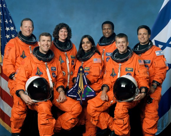 The Columbia  crew. From the left: Mission Specialist David Brown, Commander Rick Husband, Mission Specialists Laurel Clark, Kalpana Chawla and Michael Anderson, Pilot William McCool and Payload Specialist Ilan Ramon. Credit: NASA.