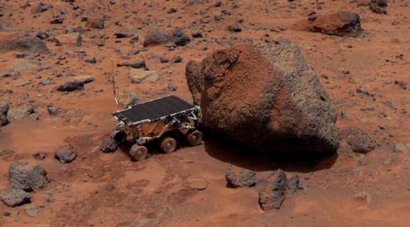 Sojourner - NASA’s 1st Mars Rover. Rover takes an Alpha Proton X-ray Spectrometer (APXS) measurement of Yogi rock after Red Planet landing on July 4, 1997 landing.  Credit: NASA