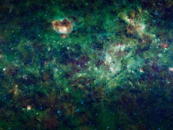 This enormous section of the Milky Way galaxy is a mosaic of images from NASA's Wide-field Infrared Survey Explorer, or WISE. The constellations Cassiopeia and Cepheus are featured in this 1,000-square degree expanse. Image credit: NASA/JPL-Caltech/UCLA
