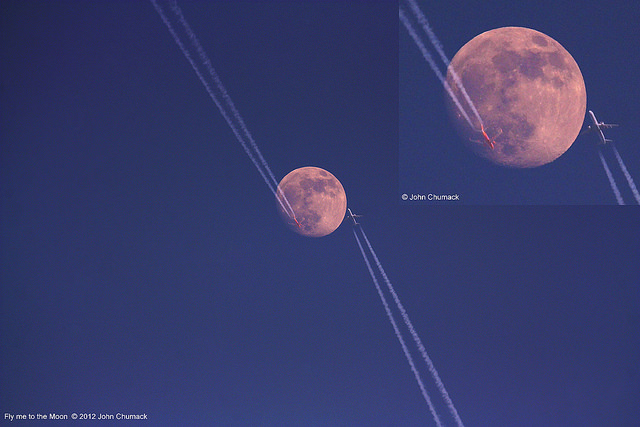 Two aircraft cross over the waxing gibbous Moon on January 6, 2012. Credit: John Chumack