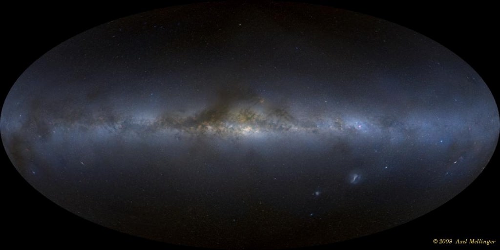 A digital all-sky mosaic of our view of the Milky Way from Earth, assembled from more than 3,000 individual CCD frames. Credit: Axel Mellinger. Click on image to view a zoomable panorama. 