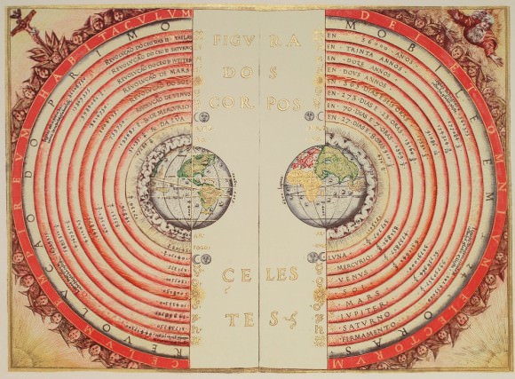 Figure of the heavenly bodies - Illuminated illustration of the Ptolemaic geocentric conception of the Universe by Portuguese cosmographer and cartographer Bartolomeu Velho (?-1568). From his work Cosmographia, made in France, 1568 (Bibilotèque nationale de France, Paris).