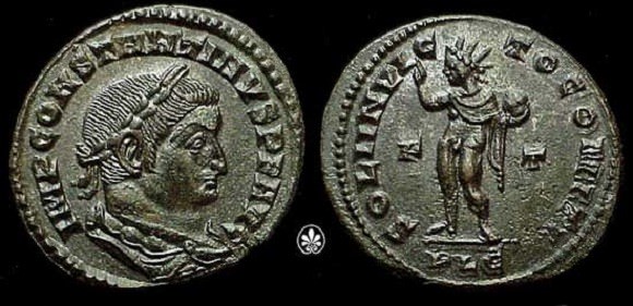 Coin of Roman Emperor Constantine I depicting Sol Invictus/Apollo with the legend SOLI INVICTO COMITI (ca. 315 AD). Credit: cngcoins.com