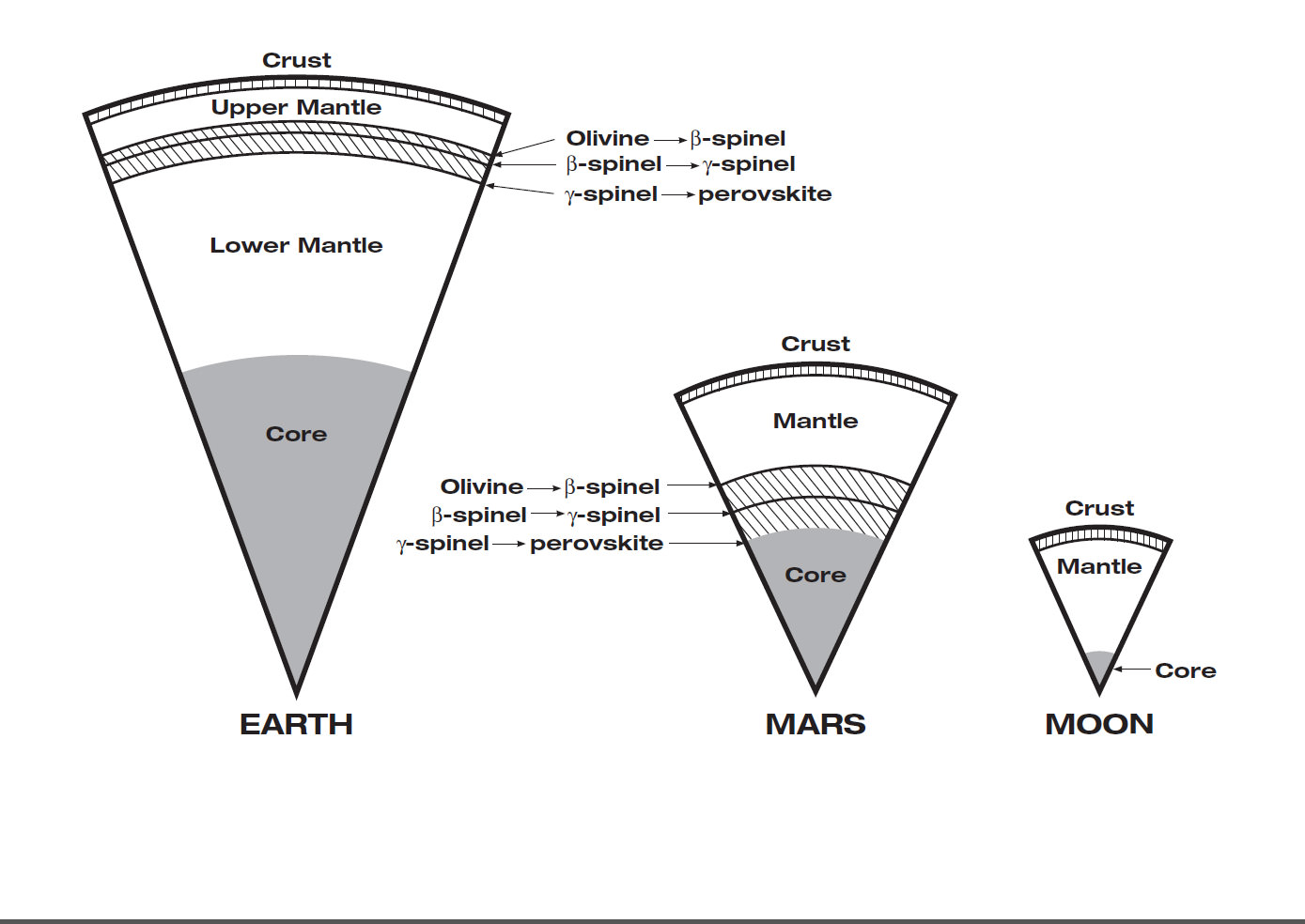 Mars has the same basic internal structure as the Earth and other terrestrial (rocky) planets. It is large enough to have pressures equivalent to those throughout the Earth's upper mantle, and it has a core with a similar fraction of it's mass. In contrast, the pressure even near the center of the Moon barely reach that just below the Earth's crust and it has a tiny, almost negligible core. The size of Mars indicates that it must have undergone many of the same separation and crystallization processes that formed the Earth's crust and core during early planetary formation.  Credit: JPL/NASA 