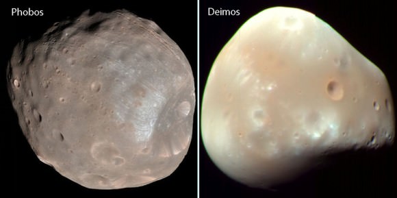 Phobos and Deimos, photographed here by the Mars Reconnaissance Orbiter, are tiny, irregularly-shaped moons that are probably strays from the main asteroid belt. Credit: NASA - See more at: http://astrobob.areavoices.com/2013/07/05/rovers-capture-loony-moons-and-blue-sunsets-on-mars/#sthash.eMDpTVPT.dpuf