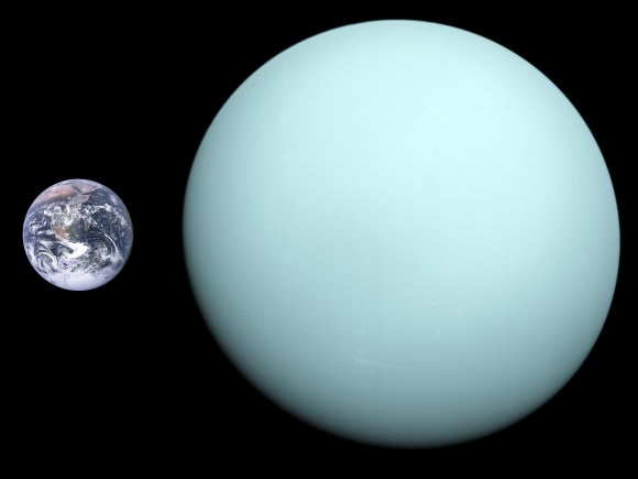 Diameter comparison of Uranus and Earth. Approximate scale is 90 km/px. Credit: NASA