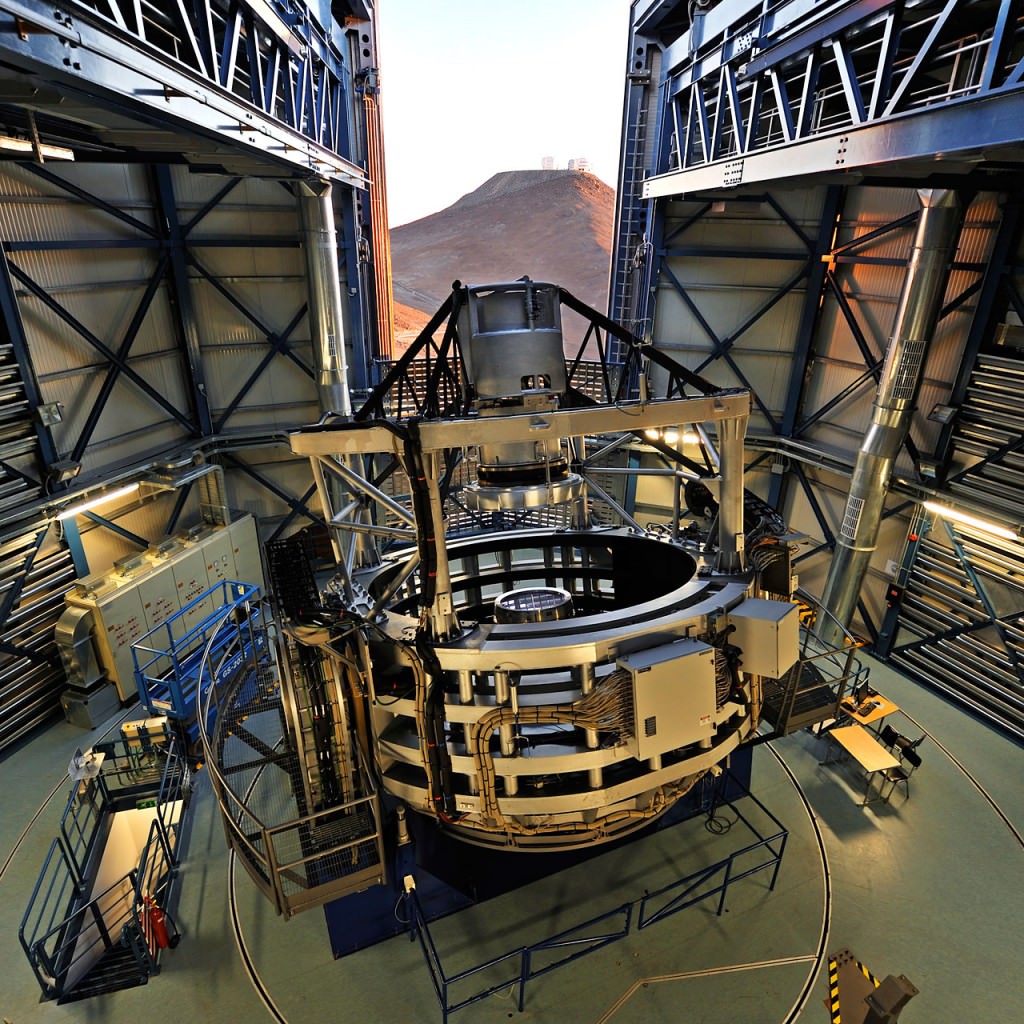 The VISTA telescope in its dome at sunset. Its primary mirror is 4.1 meters wide. 