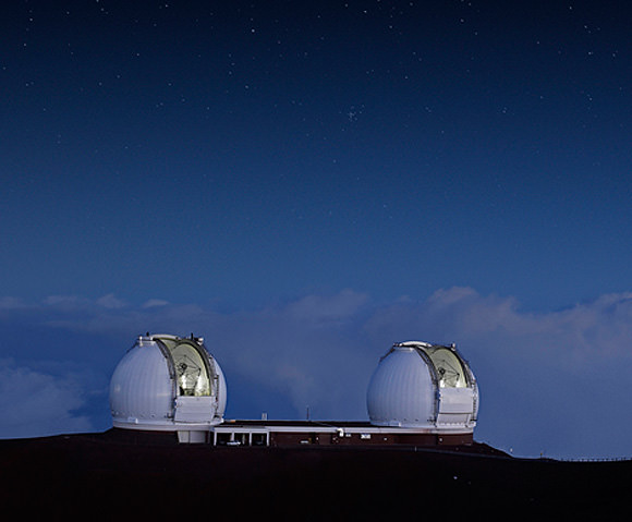 The two Keck 10-meter domes atop Mauna Kea. (Rick Peterson/WMKO)
