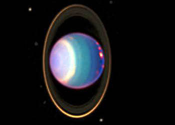 Uranus imaged by Voyager 2 in 1986. Its rotational axis is tipped over 89 degrees from the plane of the Solar System. During its "year" one pole or the other points toward the Sun at the solstices. Credit: NASA