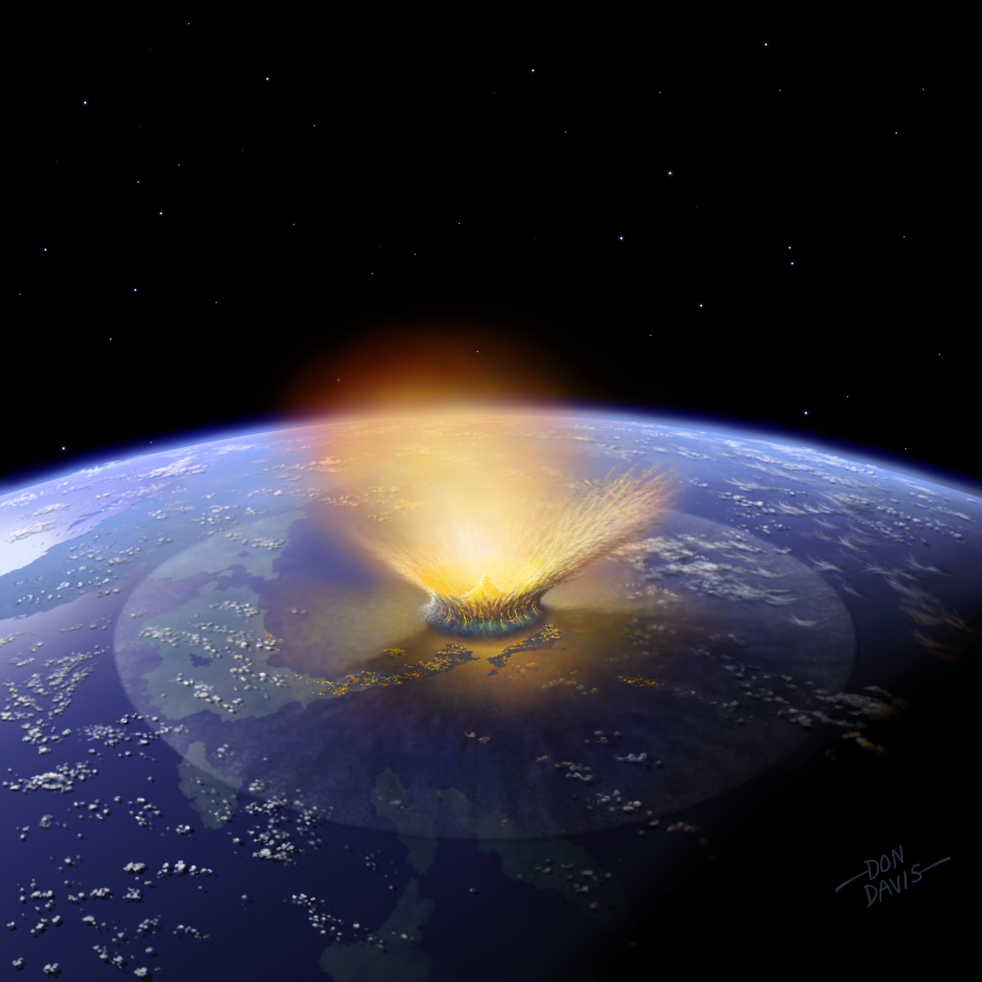 This is an artist’s depiction of a 10-kilometer (6-mile) diameter asteroid striking the Earth. New evidence in Australia suggests an asteroid 2 to 3 times larger than this struck Earth early in its life. Credit: Don Davis/Southwest Research Institute.