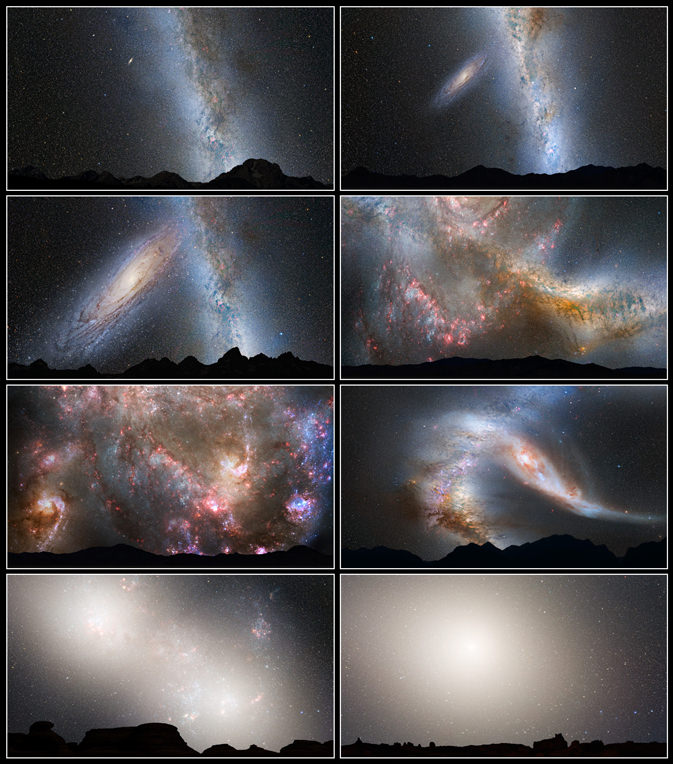 This series of photos shows the predicted merger between our Milky Way galaxy and the nearby Andromeda Galaxy.  Credit: NASA;  ESA;  Z. Levay and R. van der Marel, STScI;  T. Hallas, and A. Mellinger
