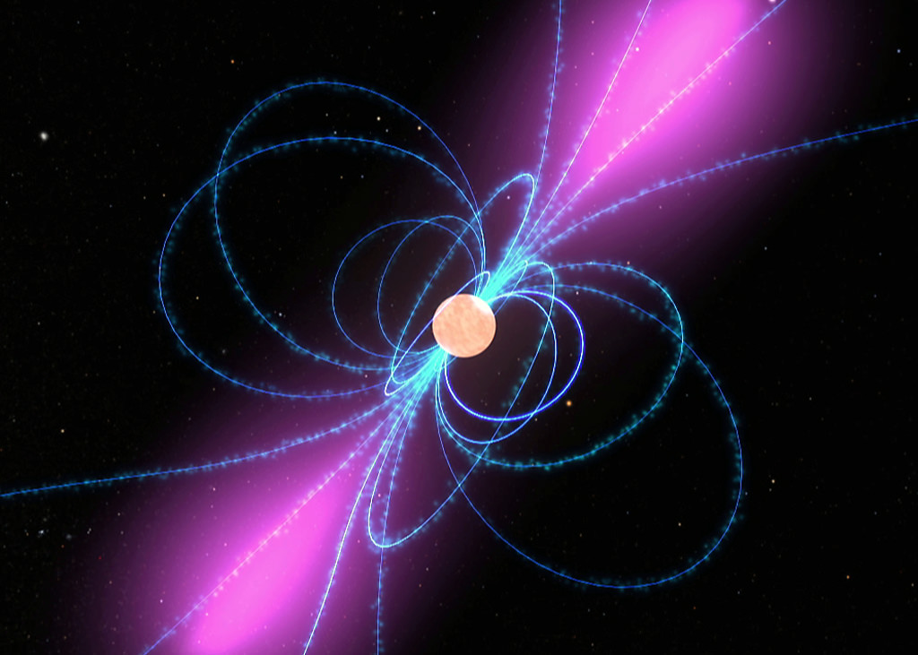 This illustration shows a pulsar with its magnetic field lines shown in blue. The beams emitting from the poles are what washes over our detectors as the dead star spins. Image Credit: NASA