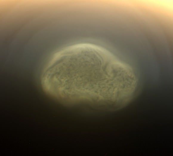 View of Titan's South Pole, showing a vortex. Credit: NASA