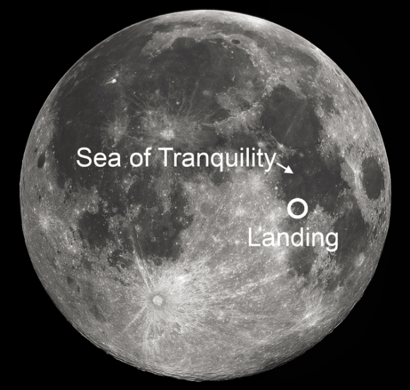 Apollo 11 landing site on the Moon at the Sea of Tranquility on July 20, 1969