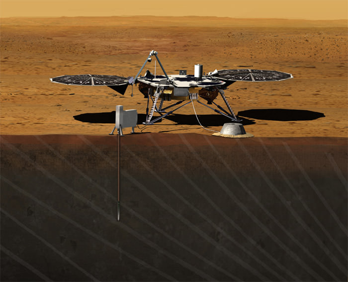 Artist rendition of NASA’s Mars InSight (Interior exploration using Seismic Investigations, Geodesy and Heat Transport) Lander. InSight is based on the proven Phoenix Mars spacecraft and lander design with state-of-the-art avionics from the Mars Reconnaissance Orbiter (MRO) and Gravity Recovery and Interior Laboratory (GRAIL) missions. Credit: JPL/NASA