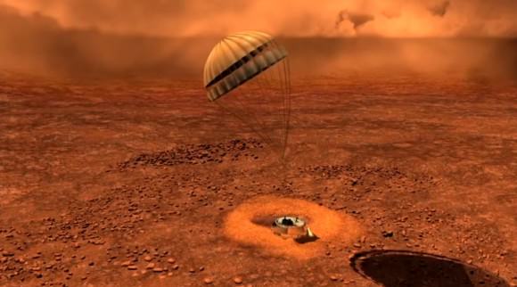 Artist depiction of Huygens landing on Titan. Credit: ESA