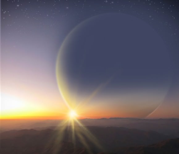Artistic rendition of a sunset view from the perspective of an imagined Earth-like moon orbiting the giant planet, PH2 b. Image Credit: H. Giguere, M. Giguere/Yale University