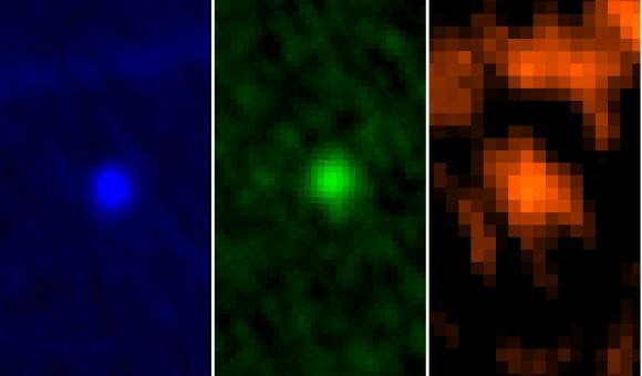 ESA’s Herschel Space Observatory captured asteroid Apophis in its field of view during the approach to Earth on 5/6 January 2013. This image shows the asteroid in Herschel’s three PACS wavelengths: 70, 100 and 160 microns, respectively. Credit: ESA/Herschel/PACS/MACH-11/MPE/B.Altieri (ESAC) and C. Kiss (Konkoly Observatory)