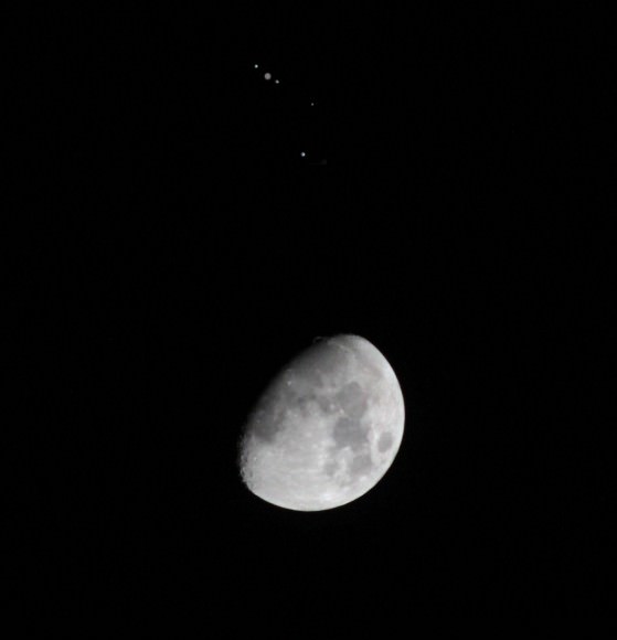 This is a collage of three photos, all taken on January 21, 2013: one of the Moon and Jupiter, another focusing on Jupiter’s Moons (both with a Canon Rebel T2i), and another through an 8 inch Dobsonian telescope of Jupiter, which was scaled to size and overlayed on Jupiter to provide some detail. ‘The moons are obviously not to scale because they are out of focus, I think it makes the photo a bit more dramatic,’ said photographer Chris Gorman.