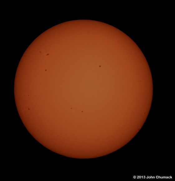 The Sun on 1/07/13 as seen using a White Light Glass filter. Credit: John Chumack