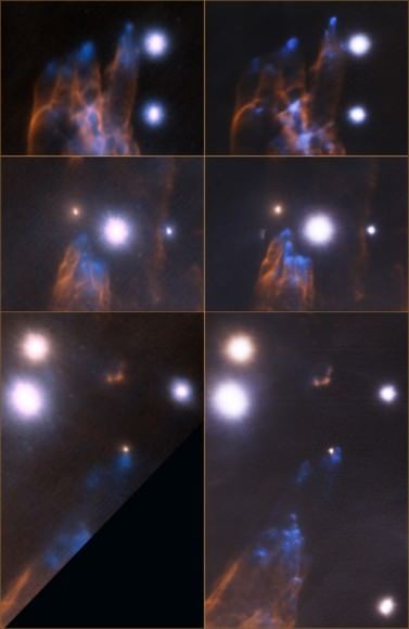 Detailed views of the Orion Bullet region. In each image pair, left is the Altair 2007 image and right is the new 2012 GeMS image. Credit: Gemini Observatory/AURA 
