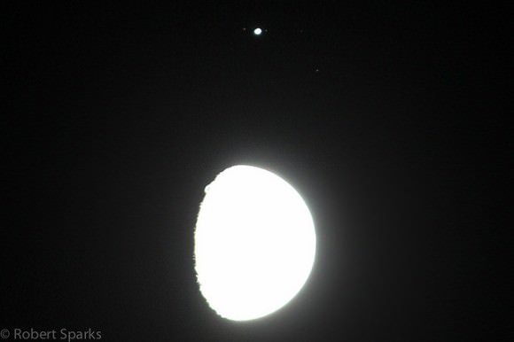 Jupiter and the Moon 1-21-13. The Moon is intentionally overexposed so you can see three moons. Ganymede on the left and Io and Callisto on the right (Europa was transiting at the time).  Credit and copyright: Robert Sparks. 