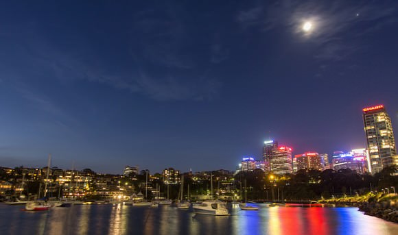Reflections over Lavender Bay, Sydney Australia, Jupiter and Moon conjunction. ‘By this point I had to leave the bay area but one last look back and I saw this frame, so I tried my best to capture it whilst the timer on my parking ticket was quickly running out.’ Credit and copyright: Carlos Orue (ourkind on Flickr.)