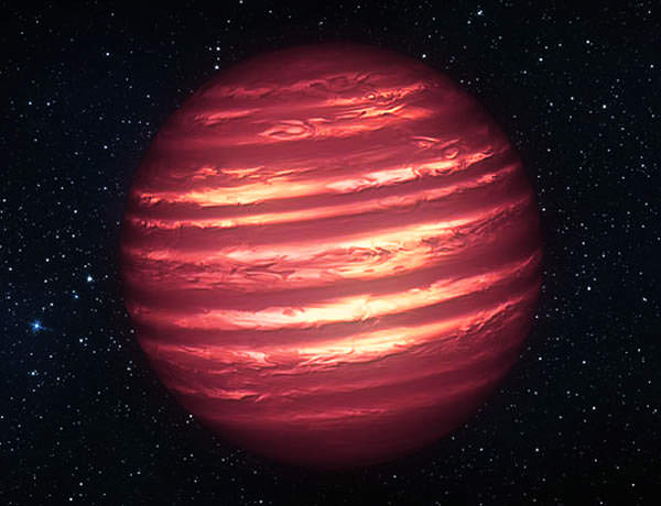 This artist's conception illustrates the brown dwarf named 2MASSJ22282889-431026. NASA's Hubble and Spitzer space telescopes observed the object to learn more about its turbulent atmosphere. Brown dwarfs are more massive and hotter than planets but lack the mass required to become sizzling stars. Their atmospheres can be similar to the giant planet Jupiter's. Spitzer and Hubble simultaneously observed the object as it rotated every 1.4 hours. The results suggest wind-driven, planet-size clouds. Image credit: