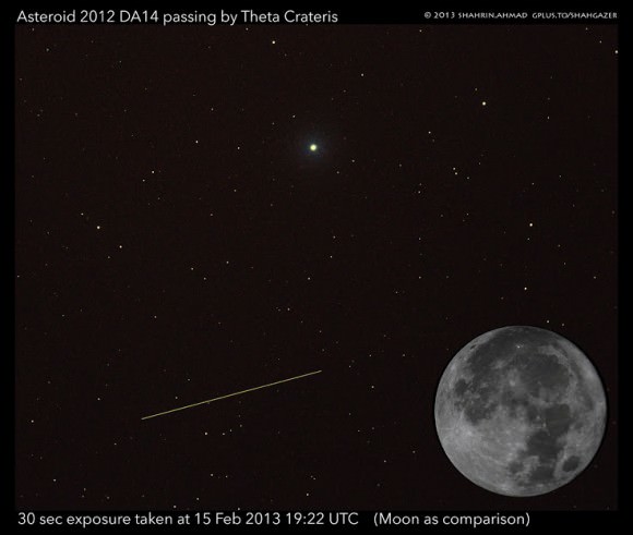 A 30 second exposure of Asteroid 2012 DA14 passing by Theta Crateris on Feb. 15, 2013 at 19:22 UTC, as seen from Malaysia. The Moon is added for comparison.Credit: Shahrin Ahmad