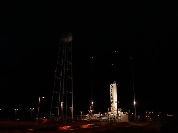 The first stage of the Antares rocket stands on the pad at NASA's Wallops Flight Facility. Credit: Orbital Sciences