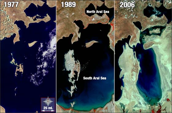 The Aral Sea has shrunk to half its size in just 40 years. Credit: Landsat