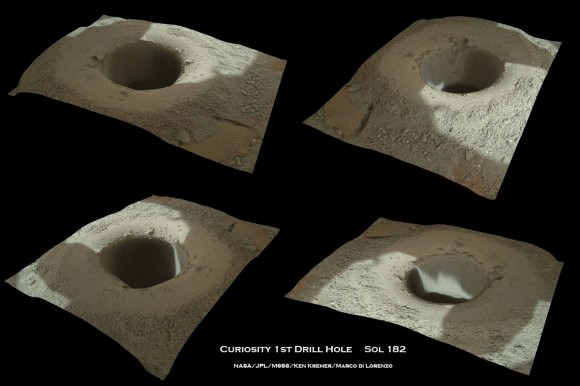 Image collage show Curiosty’s first bore hole drilled on Feb. 8, 2013 (Sol 182). Credit: NASA/JPL-Caltech/MSSS/Marco Di Lorenzo/KenKremer (kenkremer.com)