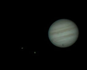 Io and Europa along with Jupiter imaged last month by the author (note the shadow transit). 