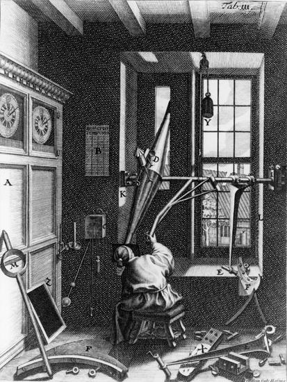 Ole Rømer performing observations... note among other antiquated astronomical instruments the window mounted transit telescope! (Credit: 1735 engraving from Horrebows Basis Astronomiae in the Public Domain).  