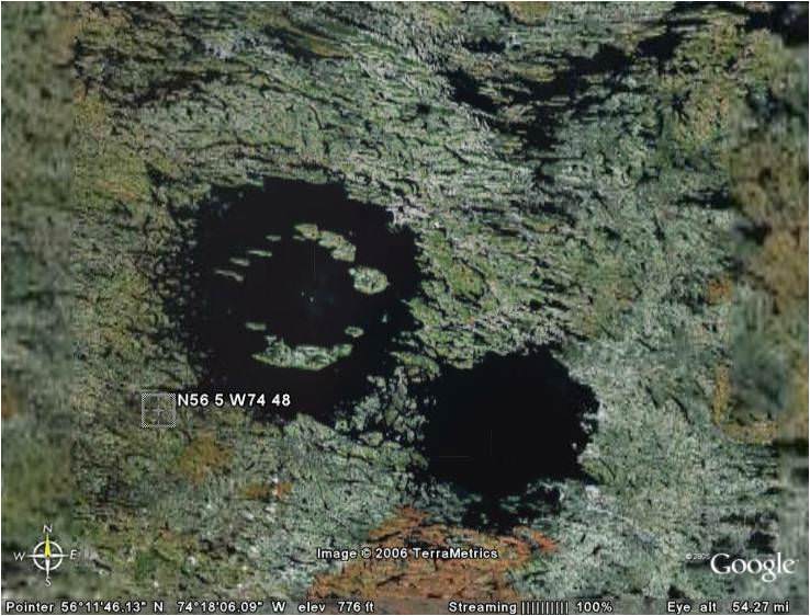 The Clearwater East & West impact craters in Quebec, Canada (image credit: Google Earth). These forms are still visible, even though they are filled with water. Other craters on Earth, such as the Chixculub site in Mexico, are harder to identify. 