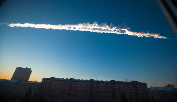 The two main smoke trails left by the Russian meteorite as it passed over the city of Chelyabinsk. Credit: AP Photo/Chelyabinsk.ru