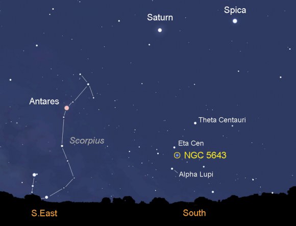 Map showing the sky looking south around 5 a.m. local time from Tuscon, Arizona. The new supernova in galaxy NGC 5643 is low in the southern sky before dawn for observers in the southern U.S. and points south. Created with Stellarium 