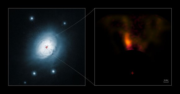 This composite image shows a view from the NASA/ESA Hubble Space Telescope (left) and from the NACO system on ESO’s Very Large Telescope (right) of the gas and dust around the young star HD 100546. The Hubble visible-light image shows the outer disc of gas and dust around the star. The new infrared VLT picture of a small part of the disc shows a candidate protoplanet. Both pictures were taken with a special coronagraph that suppresses the light from the brilliant star. The position of the star is marked with a red cross in both panels.  Credit: ESO/NASA/ESA/Ardila et al.
