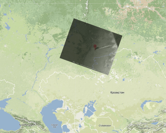 Meteosat-10 image of Meteoroid trail aligned border with Kazakhstan in Google Maps. Credit: Paul Attivissimo