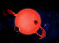 Artist's impression of a Jupiter-sized exoplanet orbiting an M-dwarf star