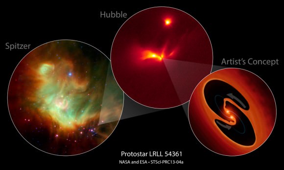 NASA's Spitzer and Hubble space telescopes have teamed up to uncover a mysterious infant star that behaves like a police strobe light. Credit: NASA, ESA, J. Muzerolle (STScI), E. Furlan (NOAO and Caltech), K. Flaherty (University of Arizona/Steward Observatory), Z. Balog (Max Planck Institute for Astronomy), and R. Gutermuth (University of Massachusetts, Amherst).