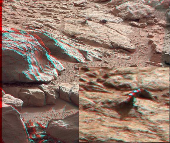 3-D anaglyph from the right and left Mastcam from Curiosity showing the metal-looking protuberance. Credit: NASA/JPL/Caltech/Malin Space Science Systems. Anaglyph by by 2di7 & titanio44 on Flickr.